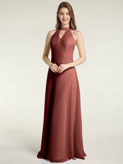 Halter Chiffon Long Bridesmaid Gowns with Low Back-Terracotta