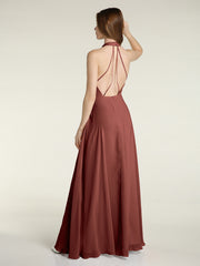 Halter Chiffon Long Bridesmaid Gowns with Low Back-Terracotta Plus Size