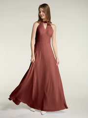 Halter Chiffon Long Bridesmaid Gowns with Low Back-Terracotta Plus Size