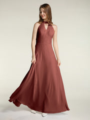 Halter Chiffon Long Bridesmaid Gowns with Low Back-Terracotta
