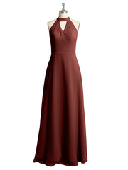 Halter Chiffon Long Bridesmaid Gowns with Low Back-Terracotta Plus Size