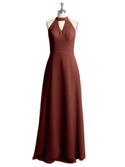 Halter Chiffon Long Bridesmaid Gowns with Low Back-Terracotta