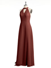Halter Chiffon Long Bridesmaid Gowns with Low Back-Terracotta Plus Size