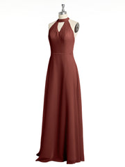 Halter Chiffon Long Bridesmaid Gowns with Low Back-Terracotta