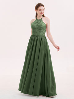 Halter Long Gown with Lace Bodice-Olive Green