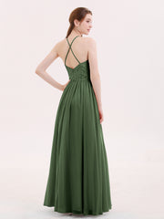 Halter Long Gown with Lace Bodice-Olive Green Plus Size