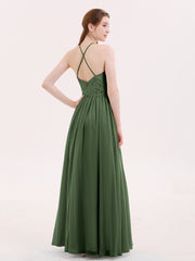 Halter Long Gown with Lace Bodice-Olive Green
