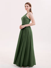 Halter Long Gown with Lace Bodice-Olive Green Plus Size