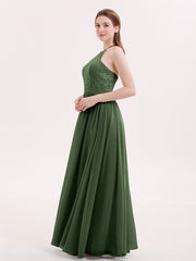 Halter Long Gown with Lace Bodice-Olive Green