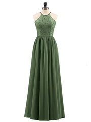 Halter Long Gown with Lace Bodice-Olive Green Plus Size