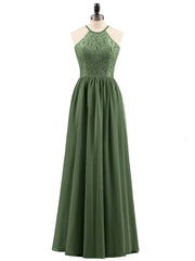 Halter Long Gown with Lace Bodice-Olive Green