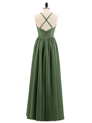 Halter Long Gown with Lace Bodice-Olive Green