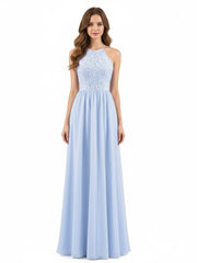 Halter Long Gown with Lace Bodice-Sky Blue