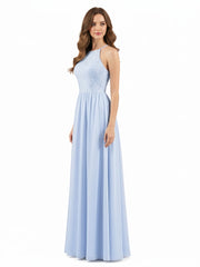 Halter Long Gown with Lace Bodice-Sky Blue
