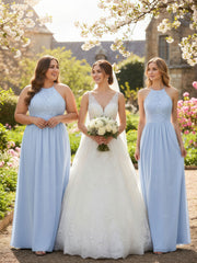 Halter Long Gown with Lace Bodice-Sky Blue