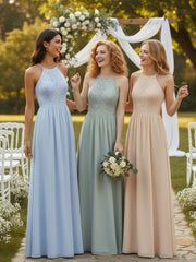 Halter Long Gown with Lace Bodice-Sky Blue