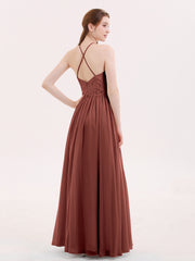 Halter Long Gown with Lace Bodice-Terracotta