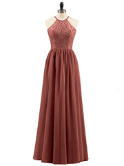 Halter Long Gown with Lace Bodice-Terracotta Plus Size