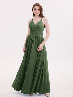 Open Back Chiffon Dress with V Neck-Olive Green