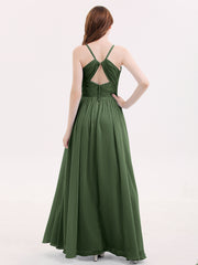 Open Back Chiffon Dress with V Neck-Olive Green