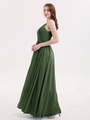 Open Back Chiffon Dress with V Neck-Olive Green