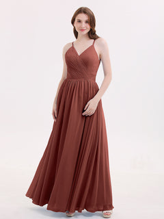 Open Back Chiffon Dress with V Neck-Terracotta