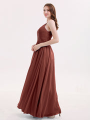 Open Back Chiffon Dress with V Neck-Terracotta