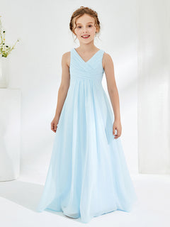 V-neck Junior Bridesmaid Dresses with Pleated Sky Blue