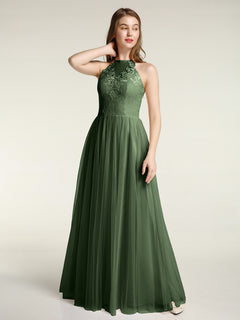 Lace Bodice and Tulle Skirt Long Dresses-Olive Green
