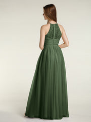 Lace Bodice and Tulle Skirt Long Dresses-Olive Green