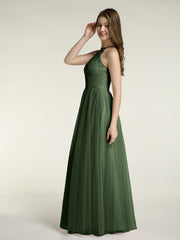 Lace Bodice and Tulle Skirt Long Dresses-Olive Green
