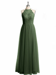 Lace Bodice and Tulle Skirt Long Dresses-Olive Green