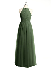 Lace Bodice and Tulle Skirt Long Dresses-Olive Green