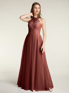 Lace Bodice and Tulle Skirt Long Dresses-Terracotta
