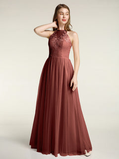 Lace Bodice and Tulle Skirt Long Dresses-Terracotta Plus Size