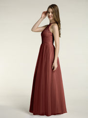 Lace Bodice and Tulle Skirt Long Dresses-Terracotta