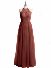 Lace Bodice and Tulle Skirt Long Dresses-Terracotta