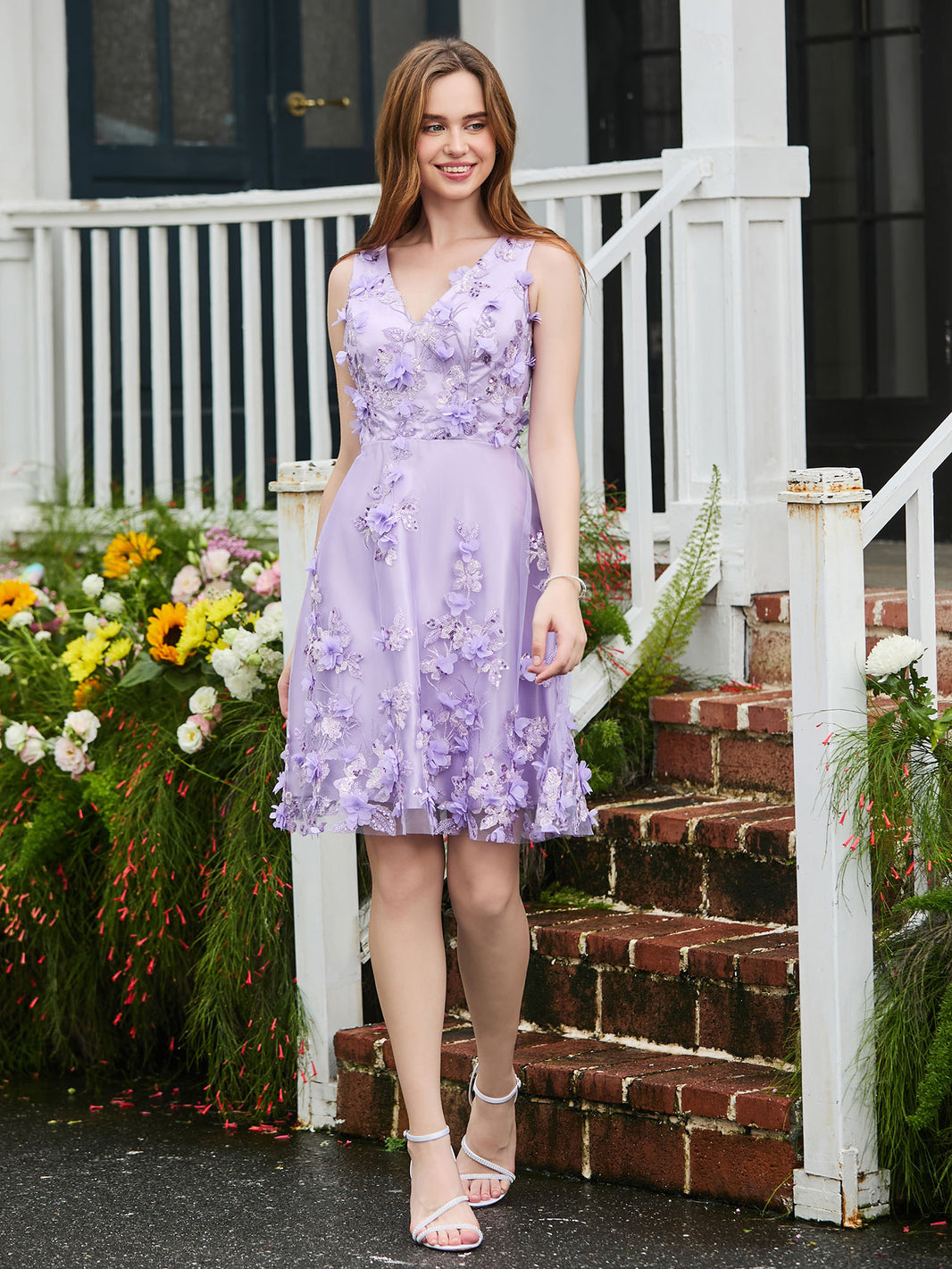 Sheer Appliqued Beaded Top Tiered Short Dress Lilac