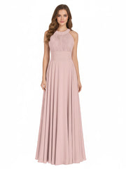 Halter Neck Open Back Chiffon Bridesmaid Dress-Dusty Rose
