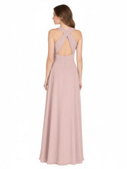 Halter Neck Open Back Chiffon Bridesmaid Dress-Dusty Rose
