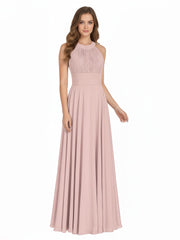 Halter Neck Open Back Chiffon Bridesmaid Dress-Dusty Rose