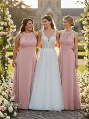 Halter Neck Open Back Chiffon Bridesmaid Dress-Dusty Rose