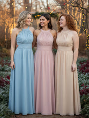 Halter Neck Open Back Chiffon Bridesmaid Dress-Dusty Rose