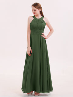 Halter Neck Open Back Chiffon Bridesmaid Dress-Olive Green