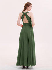 Halter Neck Open Back Chiffon Bridesmaid Dress-Olive Green
