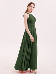 Halter Neck Open Back Chiffon Bridesmaid Dress-Olive Green