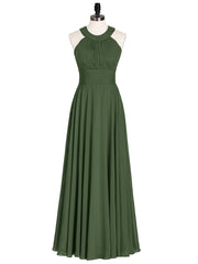Halter Neck Open Back Chiffon Bridesmaid Dress-Olive Green