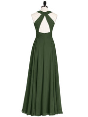 Halter Neck Open Back Chiffon Bridesmaid Dress-Olive Green Plus Size