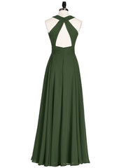 Halter Neck Open Back Chiffon Bridesmaid Dress-Olive Green