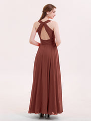 Halter Neck Open Back Chiffon Bridesmaid Dress-Terracotta Plus Size